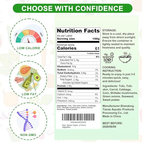 15Oz Tofu Vegetable Ramen Toppings Dehydrated Mix - 9 Kinds Freeze Dried Veggies Blend for Noodles, Rice, Soups, Camping, and Emergency Food, High Protein, Low Calorie, All-Natural, No Additives