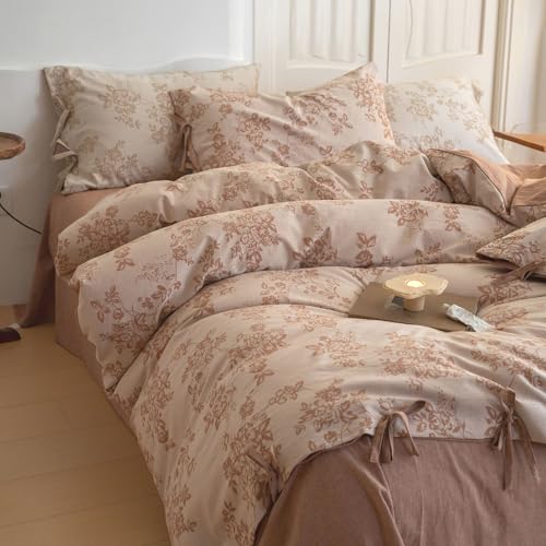 VM VOUGEMARKET Monet Flower Duvet Cover King 3 Pieces Retro Jacquard Floral Bedding Set,Linen Cotton Yarn-Dyed Textured Comforter Cover with Bowknot-104 x90,Pumpkin