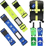 4 Stück Koffergurt, Kofferband Gurt mit 4 Stück Kofferanhänger, Verstellbare Gepäckgurte zum Sicheren Verschließen（Dunkelblau + Grün）