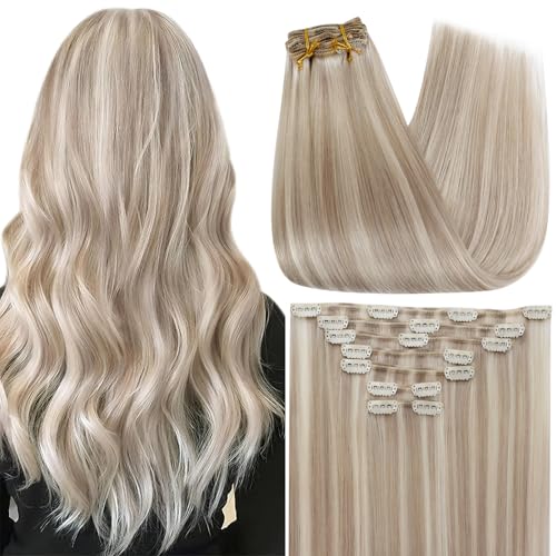 Image of Full Shine Clip in Human Hair Extensions, Ash Blonde Highlight | Real Hair Clip in Extensions, Blonde Remy Hair Extensions, Double Weft, for Fine Thinning Hair, 24 Inch 7 Pcs 120g