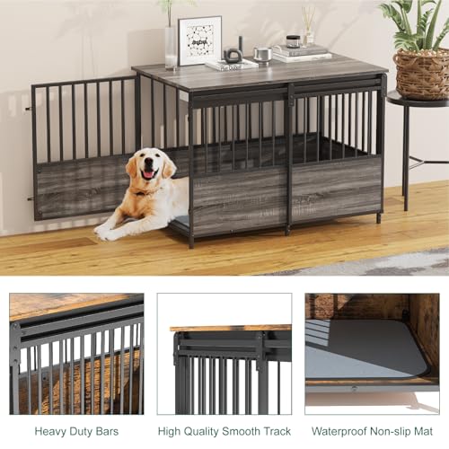 HXBOAUVS 40 Inch Dog Crate Furniture with Cushion for Large Medium Dogs, Heavy Duty Dog Kennel with Double Doors, Decorative Indoor Pet Cage Side End Table with Sliding Door, Chew-Resistant, Grey