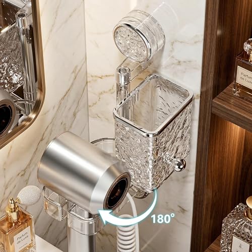 Image of LINEAR Bathroom Organiser | Wall Mount Toothbrush and Hair Dryer Holder | Clear Plastic | Self-Adhesive | 18.5 x 21 x 8 cm