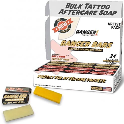 Banger Bars Tattoo Soap Bulk - 24 Count Mixed Formula Tattoo Aftercare Soap Samples for Artists & PMU Studios, Individually Packaged 0.4oz Travel Size Bars