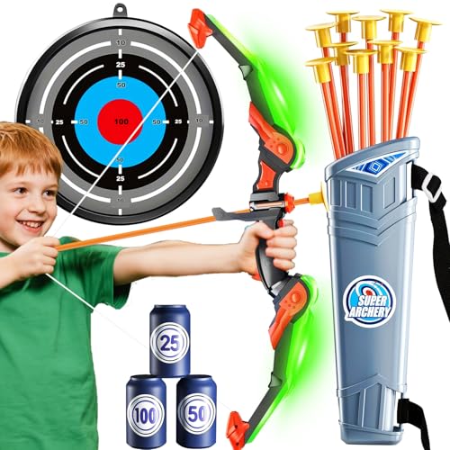 Arc et flèche pour Enfants avec Lumières LED, Jouet Enfant de Tir à l'arc Lumineux avec Carquois, 10 Flèches Ventouse et Cibles, Jouet d'Intérieur et...
