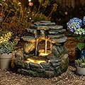 Bumilgar 15.6" H Small Garden Outdoor Rock Water Fountain with LED Lights, 3-Tier Cascading Waterfall Fountain for Patio, Porch, Backyard & Indoor Home Decor
