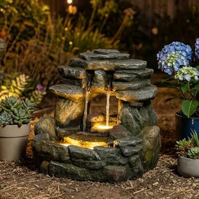 Bumilgar 15.6" H Small Garden Outdoor Rock Water Fountain with LED Lights, 3-Tier Cascading Waterfall Fountain for Patio, Porch, Backyard & Indoor Home Decor