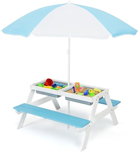 Costzon Mesa de picnic para niños, mesa de arena y agua 3 en 1 con paraguas ajustable de altura, mesa extraíble, juego de juguetes para niños al