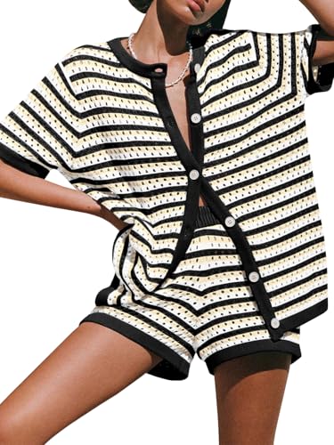 Image of Saodimallsu Womens Crochet Swimsuit Coverup Summer Beach Sets Striped Knit Short Sleeve Button Shirts 2 Piece Short Set