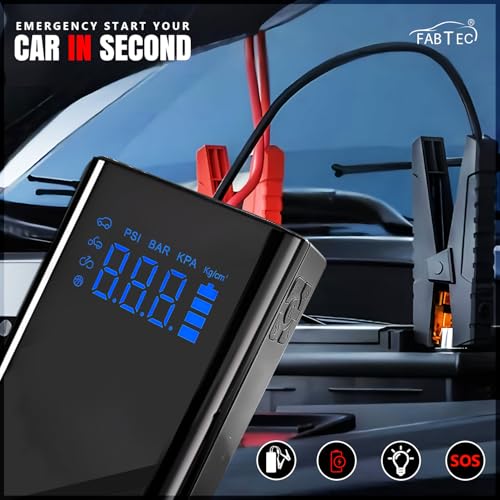 Image of FABTEC 4-in-1 Car Tyre Inflator with Jump Starter - 150 PSI Portable Air Compressor with Digital Display, 15000mAh Battery, Power Bank, SOS LED Light, Tyre Pump for Car, Bike, Bicycle & Balls