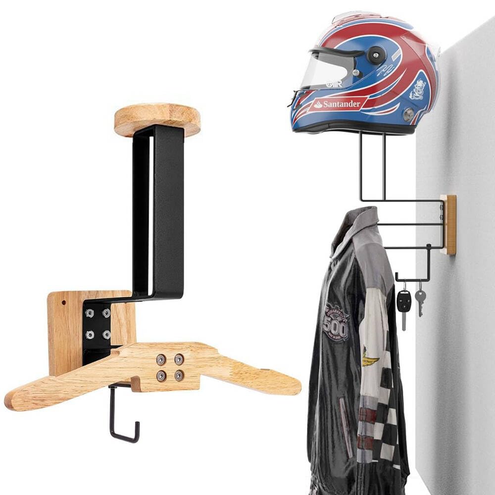 Soporte de madera para casco de motocicleta de pared que elimina el desorden en casa