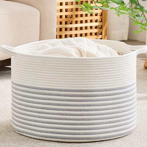 Image of KAKAMAY Cotton Rope Storage Basket (20 inchx13 inch),Woven Hamper for Blankets,Toys,Pillows,Clothes,Laundry,Sturdy Handles Decorative Basket for Living Room, Bedroom,Nursery(Grey /Beige)