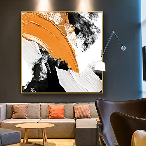 Grand tableau salon moderne abstrait orange et noir texture