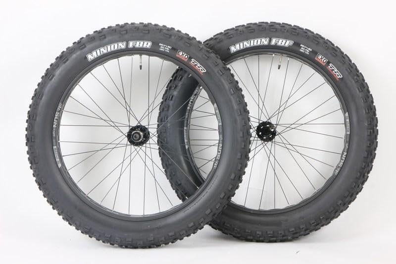 26 inch Fat Bike Wheels Sun Ringle Mulefut 80 Novatec Thru Axle Wheel Set 197mm x 150mm PG Cassette Minion FBR FBF 26 x 4.80 Tire and Tubes 180mm Rotors Package Pair