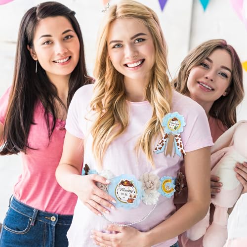 Image of Western Baby Shower Decorations - 3 Pcs A Cowboy Little is on The Way Mom and Dad to Be Sash Badge Pins Sets for Boys Blue Gender Reveal Party Supplies Brown Maternity Corsage Belt Decors