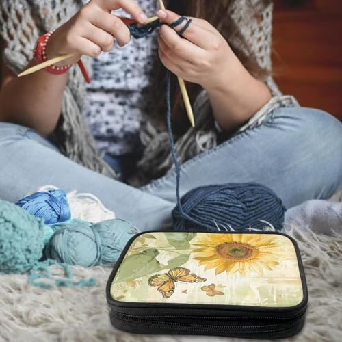 Image of Crochet Hook Case Sunflower Crochet Hook Holder Portable Crochet Hook Storage Bag with Web Pockets Suitable for Crochet Needles /Knitting Accessories