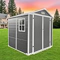 6x6 FT Outdoor Storage Resin Shed with Floor,Waterproof Plastic Garden Bike Shed with Lockable Door, Sloped Roof, Vents & Windows, Easy Assembly Tool Shed for Lawn, Backyard, Patio, Grey