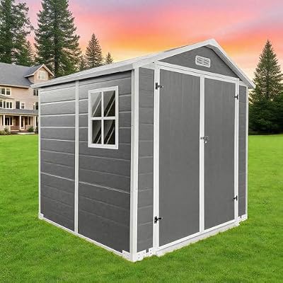 6x6 FT Outdoor Storage Resin Shed with Floor,Waterproof Plastic Garden Bike Shed with Lockable Door, Sloped Roof, Vents & Windows, Easy Assembly Tool Shed for Lawn, Backyard, Patio, Grey