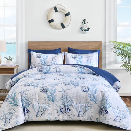 WONGS BEDDING Coastal Queen Size Comforter,7 Pieces Beach Nautical Themed