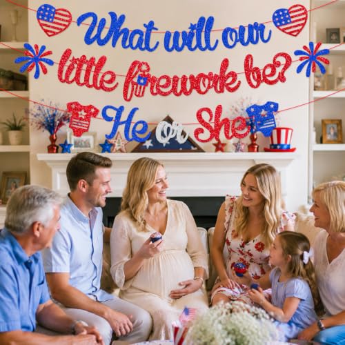 Image of What Will Our Little Firework Be He or She Banner 4th of July Garland | Independence Day Gender Reveal Party Decorations Red White & Blue Patriotic Baby Shower Party Supplies