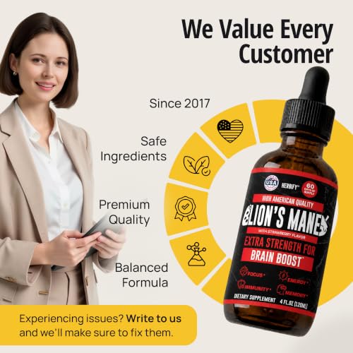 Image of HERBIFY Lions Mane Supplement - Daily Mushroom Supplement for Memory, Focus & Clarity - Brain Booster - Lions Mane Tincture for Immune Support - 4 Fl oz Strawberry Flavor