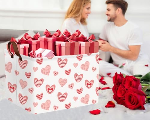 Image of Valentines Day Basket Large Foldable Heart Shaped Storage Box for Gifts Kids Empty Storage Bins Rectangular Toy Organizer Decor (Pink Fingerprint Love)