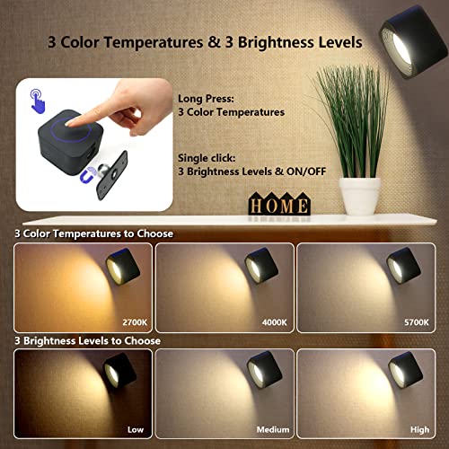 Image of LED Lights for Bedroom Battery Operated, Touch Control Cordless Small Wall Lamp, 3 Color Temperatures & 3 Brightness, 360 Rotatable Magnetic Rechargeable Reading Lights for Bedroom Living Room