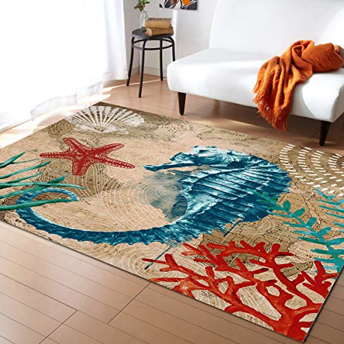 ARTSHOWING Nautical Theme Area Rug, 2' x 3' Large Indoor and Outdoor Area Rugs with No-Slip Backing, Easy to Clean, Perfect for Living Room, Patio, Picnic, Decking Marine Life Seahorse