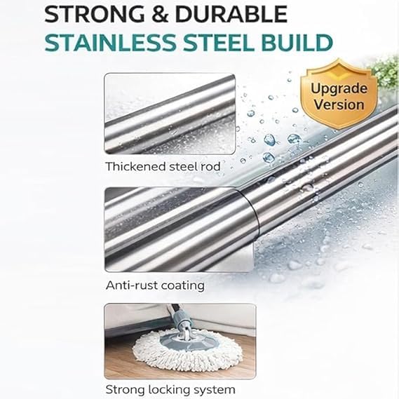 Image of Heavy Duty Stainless Steel Mop Stick with 360 Degree Swivel Head, Extendable Long Handle- Replacement Mop Pole for Floor Cleaning (Grey- 2Heads)