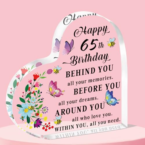 QMVMV 65th Birthday Gifts for Women Personalised Heart Shaped Acrylic 65th birthday Keepsake Gifts Unique 65 Birthday Gifts for Mum Grandma Happy 65 Year Old Gifts for Her