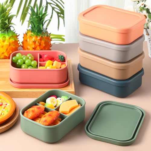 Image of Honeydak 6 Pcs Silicone Bento Boxes, 3 Compartment Lunch Containers | Reusable Silicone Bento Boxes for School, Work and Meal Prep; Microwave, Dishwasher and Freezer Use with Stackable Design