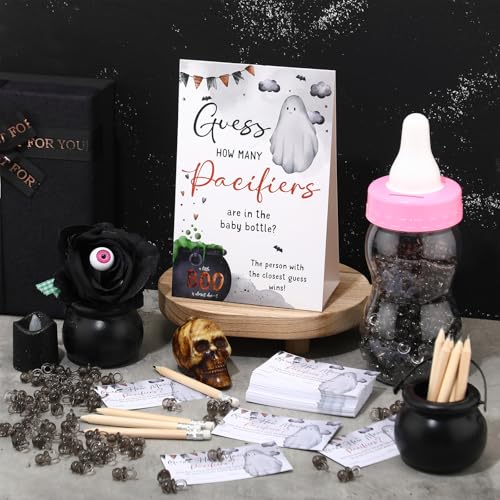 Image of Roowest 512 Pcs Baby Shower Games Guess How Many Pacifiers Sign 100 Small Guessing Games 10 HB Pencils 750ml Milk Bottle 400 Acrylic Pacifiers Decoration for Guest Gender Reveal (Pink,Halloween)