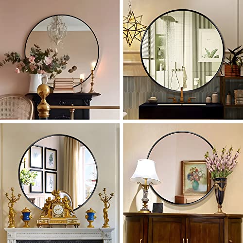 Kaasunes 28-Inch Large Wall Mounted Round Mirror Premium Brushed Metal Coated Frame Black, Glass Panel Circle Deep Set Design For For Washroom, Entryways, Living Rooms #TOP4