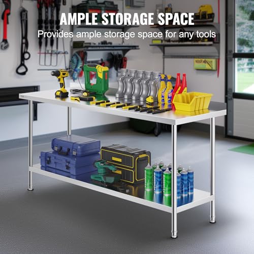 Image of VEVOR 24 x 72 x 36 Inch Stainless Steel Work Table, Commercial Food Prep Worktable Heavy Duty Prep Worktable, Metal Work Table with Adjustable Height for Restaurant, Home and Hotel
