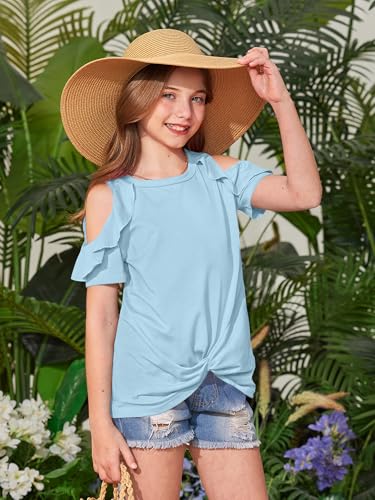 Image of BesserBay Girls Cold Shoulder Tops Twist Front Tunic Ruffle Sleeve Summer Blouses 5-14 Years