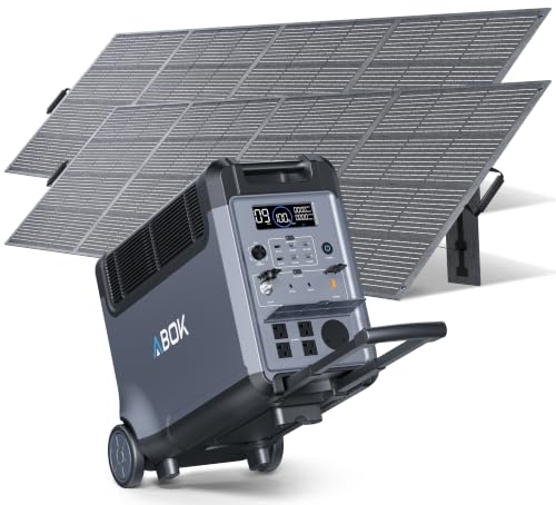 Image of ABOK Ark3600 Portable Power Station with 2x400W Solar Panels, 3840Wh LiFePO4 Battery, 3600W AC Output, Expandable to 11520Wh, 15 Outlets, Solar Generator for Home Backup, RV, Camping, Emergencies