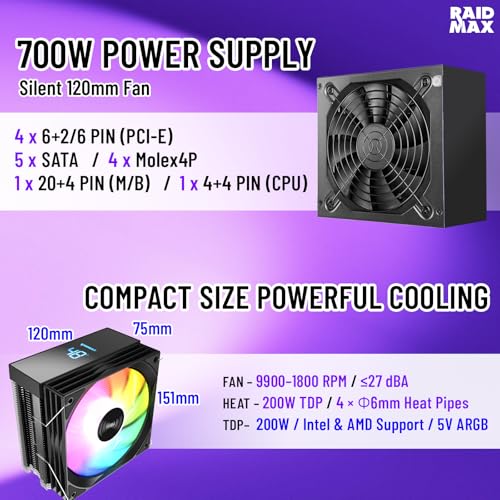 Image of Raidmax i802 Vibe Series ATX Mid Tower Gaming Case Bundle - Tempered Glass Side Panel, Includes 700W 80+ Power Supply, AM1204 Digital Display Air Cooler, and 5 Pre-Installed FRGB Fans (Black)