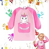 BUEN AYUDANTE DE PINTAR PARA NIÑOS: El delantal infantil de unicornio rosa con mangas es un gran ayudante para los niños a la hora de pintar y evita que la ropa se manche de pintura, para reducir la molestia de lavar la ropa a los padres. Además, se puede usar para escribir, hacer manualidades, arcilla, jugar con agua, cocinar, jugar, hornear en casa o en la escuela. Regalos muy prácticos para niños en cumpleaños, Navidad, la fiesta de los Reyes Magoso, etc.
