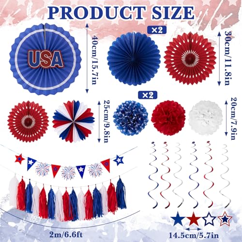 Image of 4th of July Patriotic Decorations 250th Anniversary Red White Blue Paper Fans Pompom Star Tassel Garland Independence Day Hanging Swirls for Fourth of July Memorial Party Supplies Decor