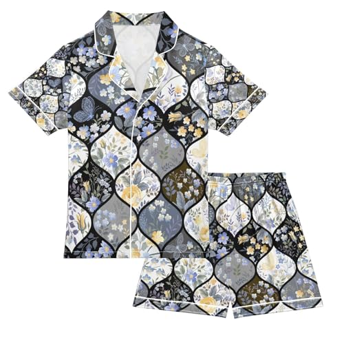 senya Flowers Butterflies Satin Summer Pajama Sets Silk Short Sleeve Button Down Sleepwear