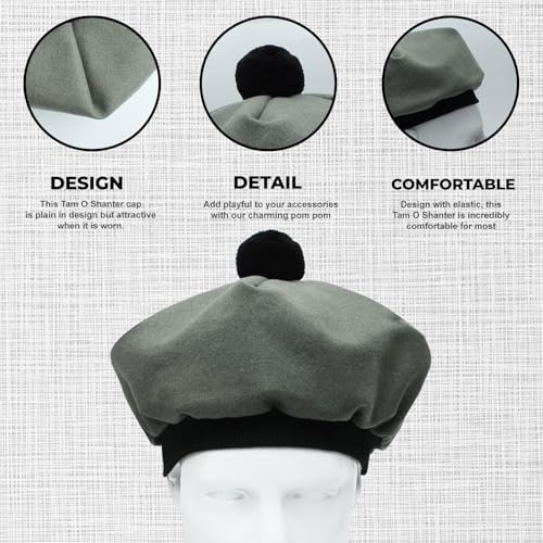 Image of Scottish Tam O' Shanter Hat Tartan Bonnet Pom Pom Wool Flat Cap One Size