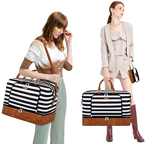 Image of Tibes Travel Weekender Bag for Women, Polyester Overnight Bag with Shoe Compartment Oversized Travel Duffel Bag Carry On Tote 21 inch, L-Black & White Strips, Large, Weekender Bag