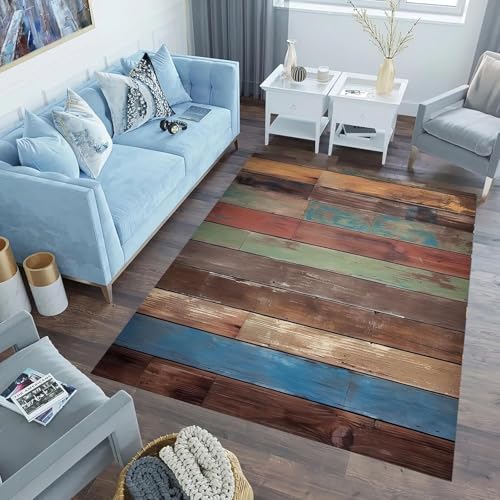 Tapis de salon moderne effet bois vintage 3D en polyester résistant rectangle 90x150cm