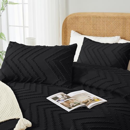 Image of Andency Black Comforter Queen, Boho Soft Fluffy Warm Lightweight Bedding Comforter Sets for Queen Bed, 3 Pieces Chevron Tufted Aesthetic Microfiber Lightweight Comforter Set