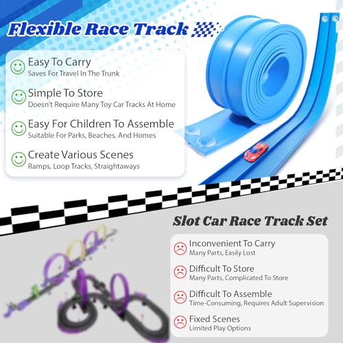 Image of Flexible Race Track Toys for Kids: 15 Ft Flex Race Car Ramp Track with Suction Cups - Rolls Up Portable DIY Racetrack Compatible with Diecast 1 /64th Cars Model - Birthday Gifts for Boys Girls Ages 3+