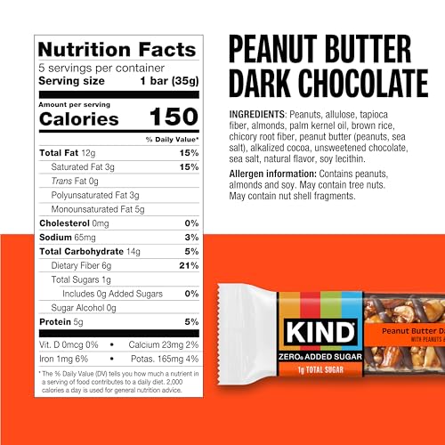 Image of Kind Zero Added Sugar Healthy Snacks Bars, Peanut Butter Dark Chocolate, Gluten Free, High Fiber, Keto Snacks, 5g Protein, 30 Count | A pre-workout boost with 0g added sugar, 5g protein and 4g net carbs. These crunchy, keto-friendly nut bars are gluten free.