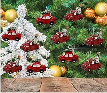 Red Truck Christmas Ornaments - Set of 10 Vintage Vehicles with Christmas Trees - 6 Pickup Trucks and 4 Classic Cars - Mini Holiday Decorations for Trees, Wreaths, Crafts and DIY Decor - 2 x 1.5