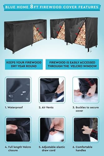 BH Blue Home Indoor & Outdoor Firewood Rack with Waterproof Cover - Heavy Duty Log Storage and Carrier Combo – Black Steel Tubular Log Holder for Fire Pits and Fireplaces – Easy to Assemble (8ft)