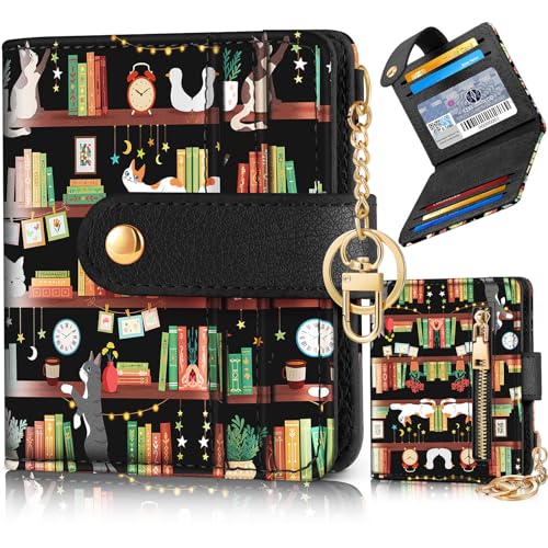 Image of Bistup Small Card Wallet for Women with Keychain, Cat & Bookshelf | Clear ID Window, Compact Design for Daily Carry, Durable Material, Sturdy Keychain, Aesthetic