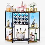 JKsmart Wine Bar Cabinet with LED Lights, Mini Wine Bar Cart with Storage and Glass Holder, Home Bar Coffee Bar for Liquor, 3-Tier Bar Table for Kitchen, Dining Room, Living Room, Black
