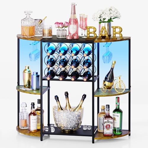 JKsmart Wine Bar Cabinet with LED Lights, Mini Wine Bar Cart with Storage and Glass Holder, Home Bar...